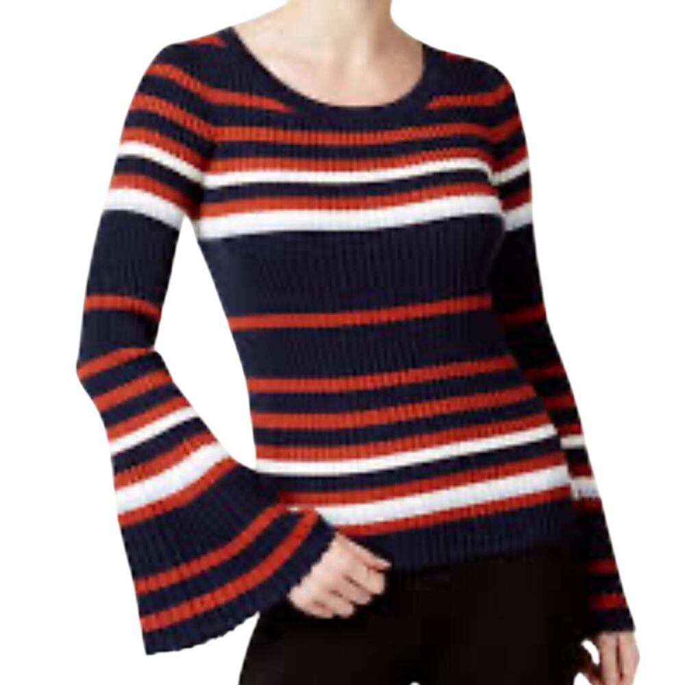 Ribbed Bell Sleeve Sweater Metallic Striped Knit Fitted Top Medium